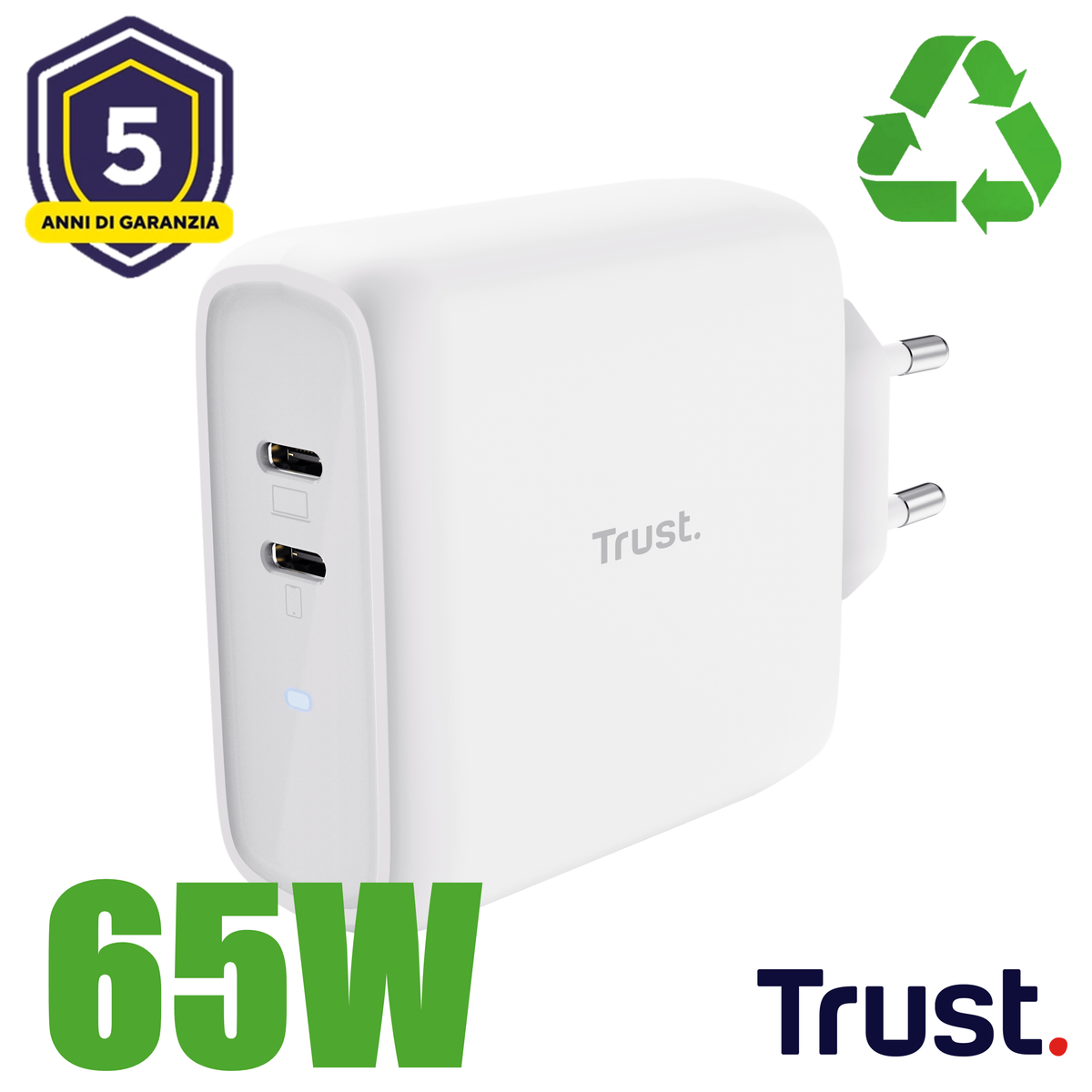 MAXO 65W 2P USB-C CHARGER WHT