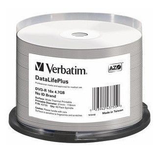 VERBATIM DVD-R 4.7GB DL+ 16X WIDE THERM PRINT 50PZ