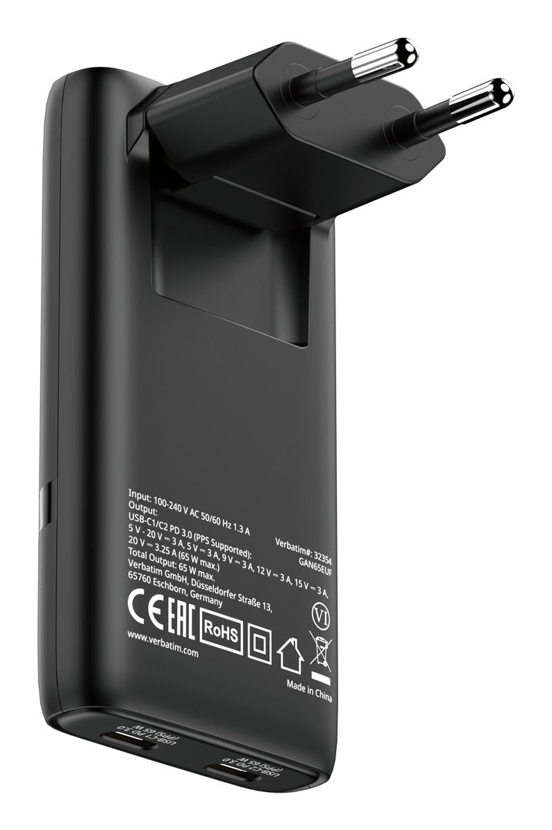 VERBATIM FOLD N GO GAN CHARGER 65W EU PLUG BLACK